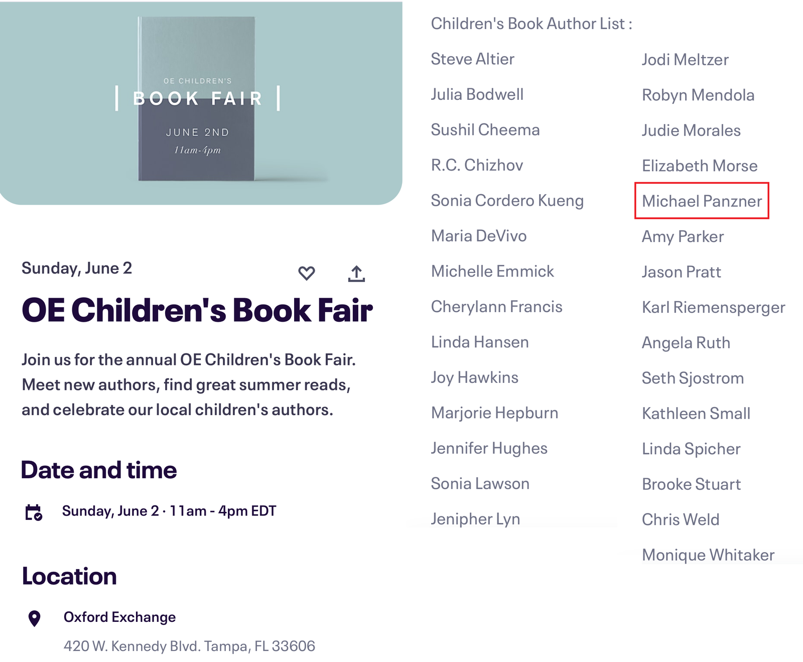 Michael Panzner Will Be at the Oxford Exchange Children's Book Fair on June 2, 2024