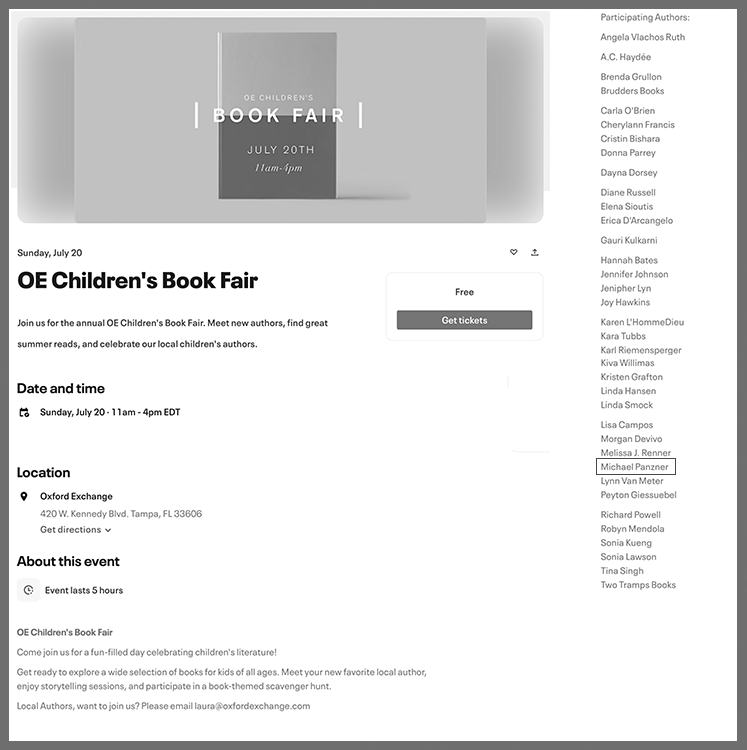 Michael Panzner: OE Children’s Book Fair in Tampa Next Sunday, July 20